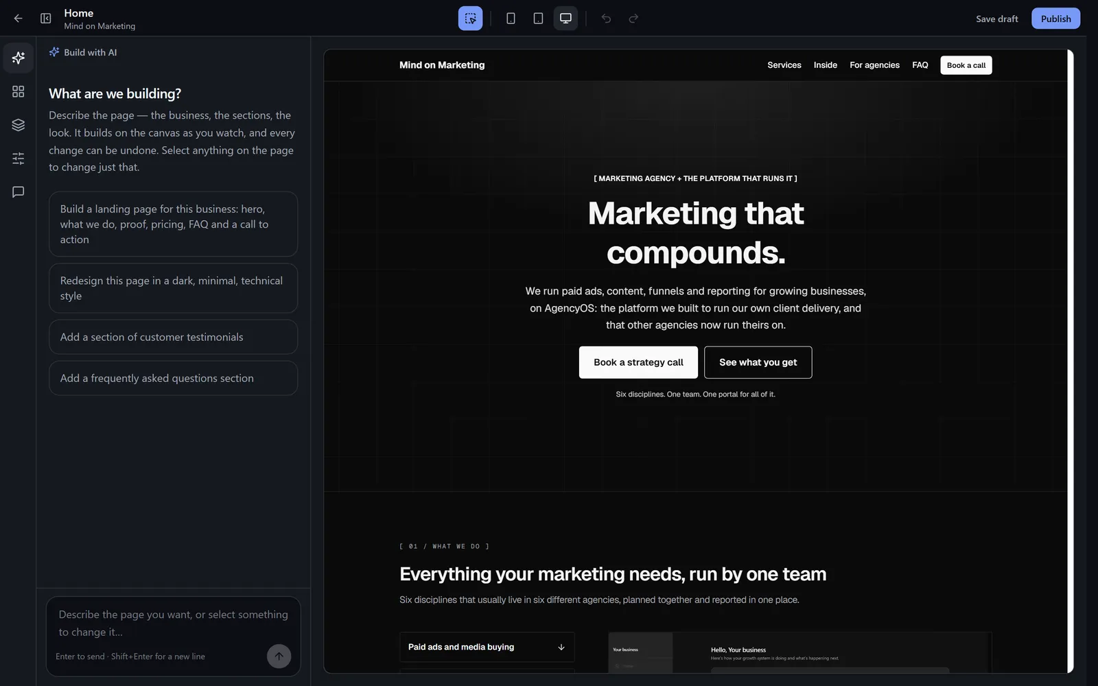 The website editor: a page being changed through a chat panel beside a live preview